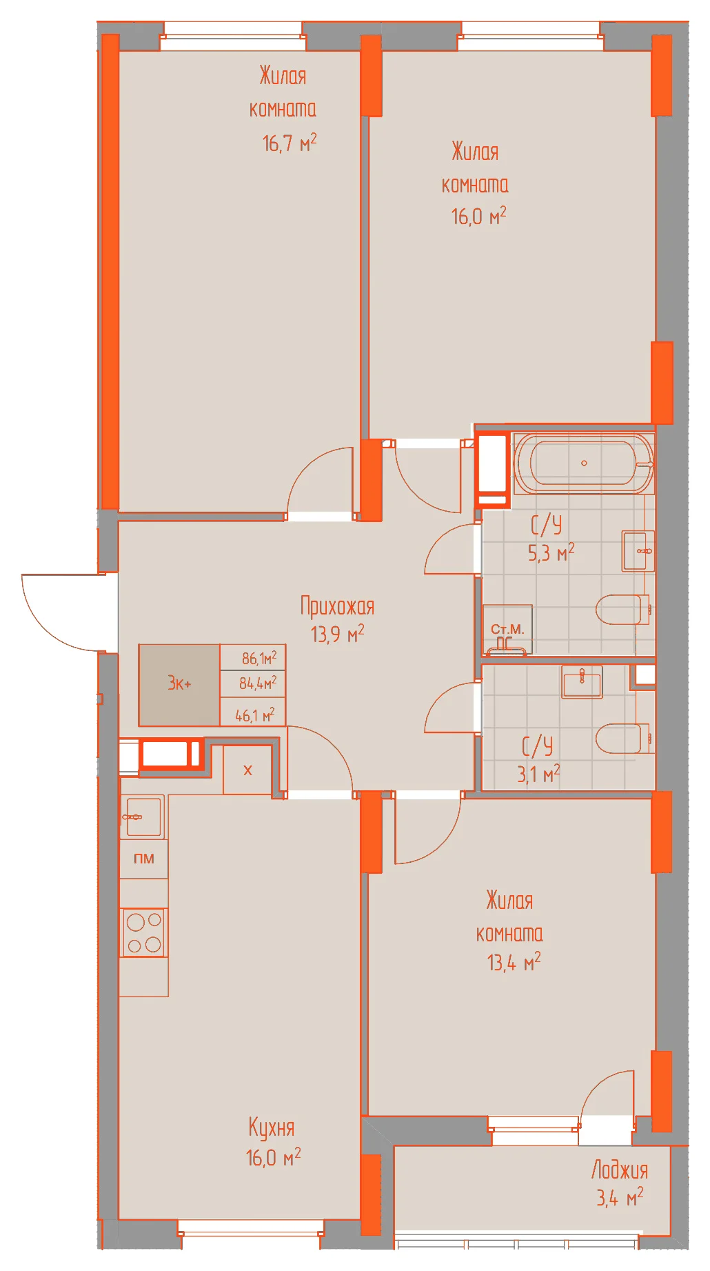 Планировка: 3-комнатная · 86,10 м²