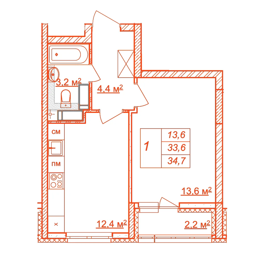 Планировка: 1-комнатная · 34,70 м²