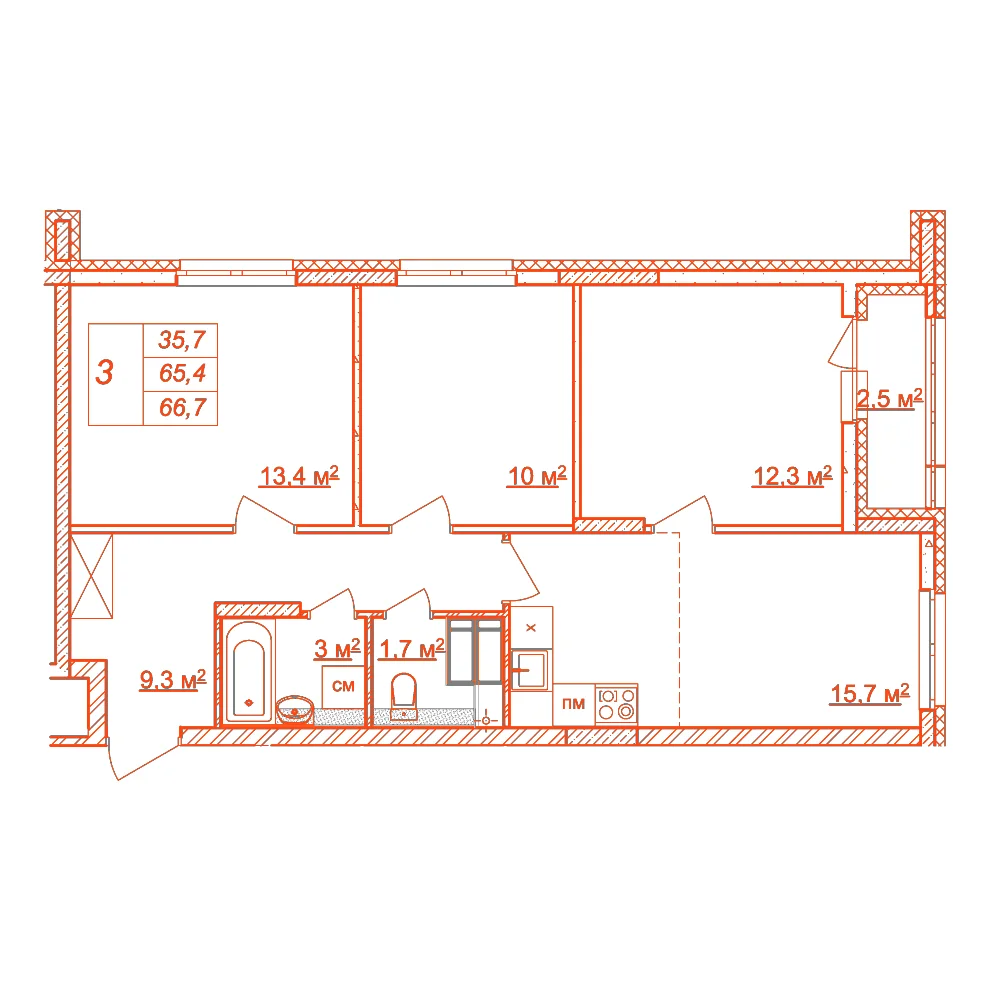Планировка: 3-комнатная · 66,70 м²