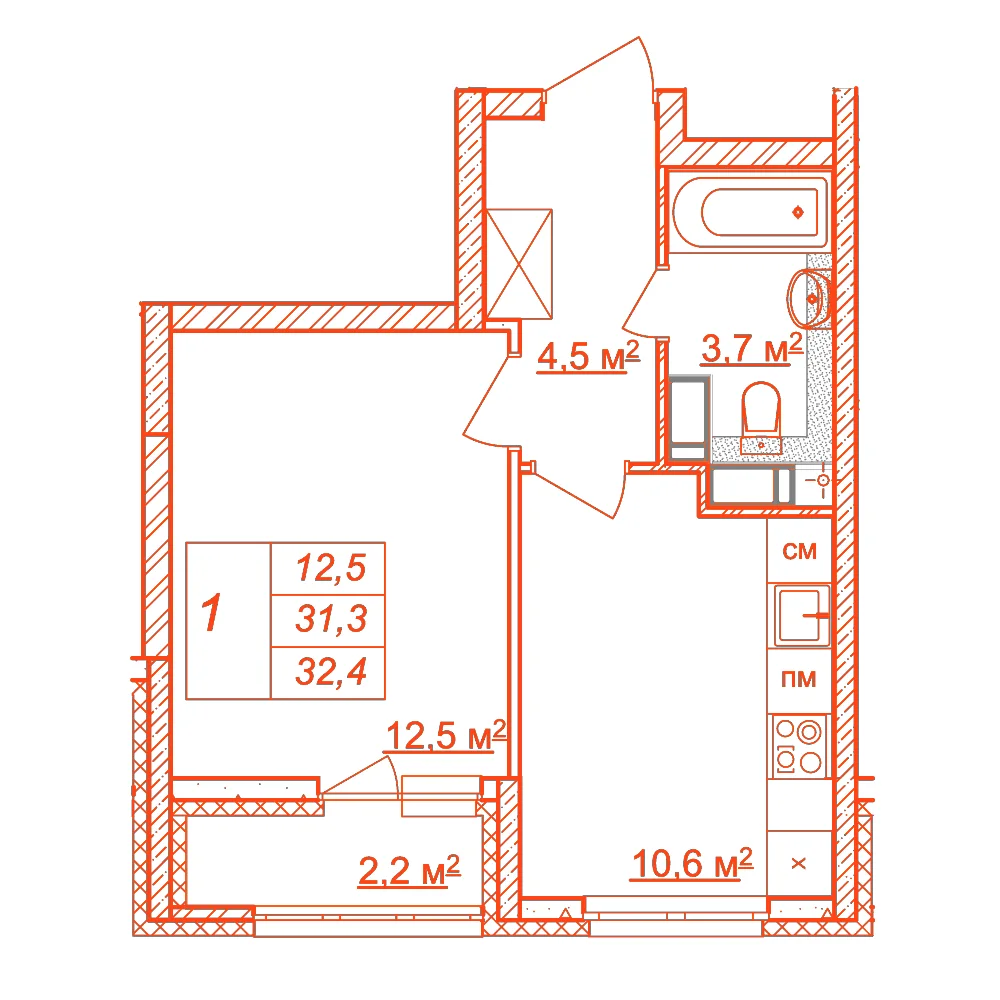 Планировка: 1-комнатная · 32,40 м²