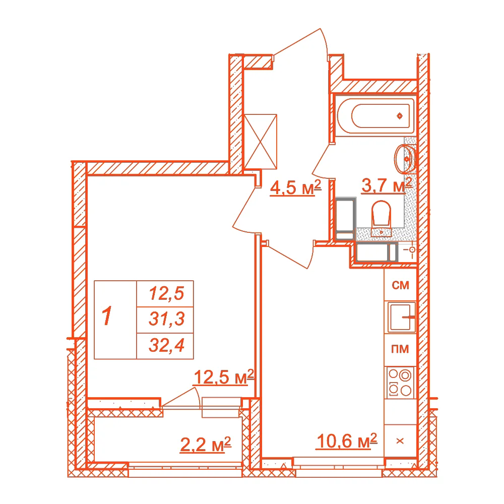 Планировка: 1-комнатная · 32,40 м²