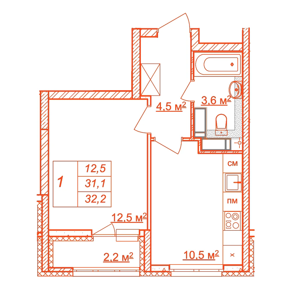 Планировка: 1-комнатная · 32,20 м²