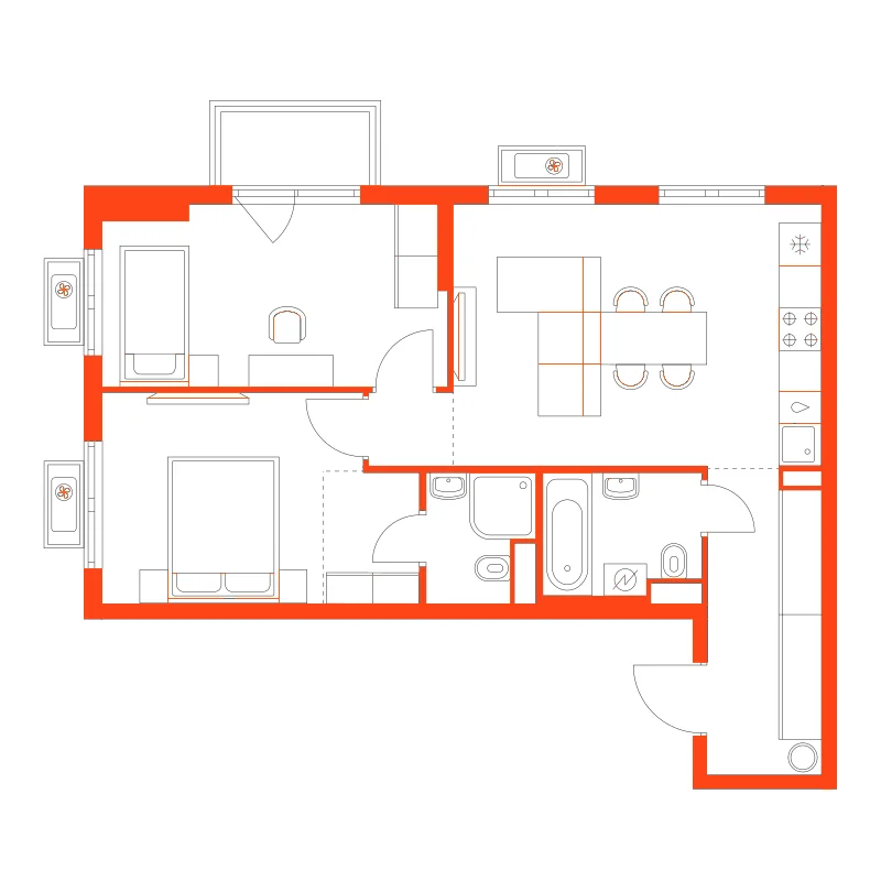 Планировка: 2-комнатная · 58,00 м²