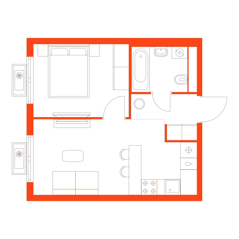 Планировка: 1-комнатная · 34,40 м²