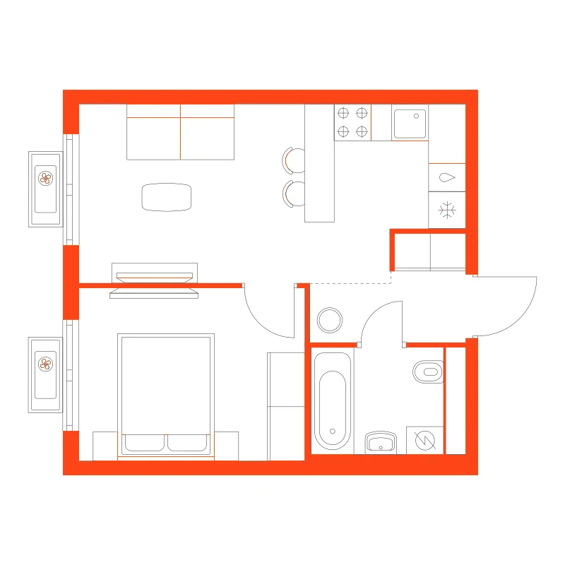 Планировка: 1-комнатная · 34,40 м²