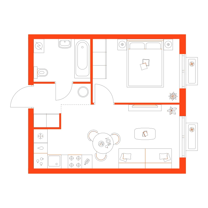 Планировка: 1-комнатная · 34,30 м²