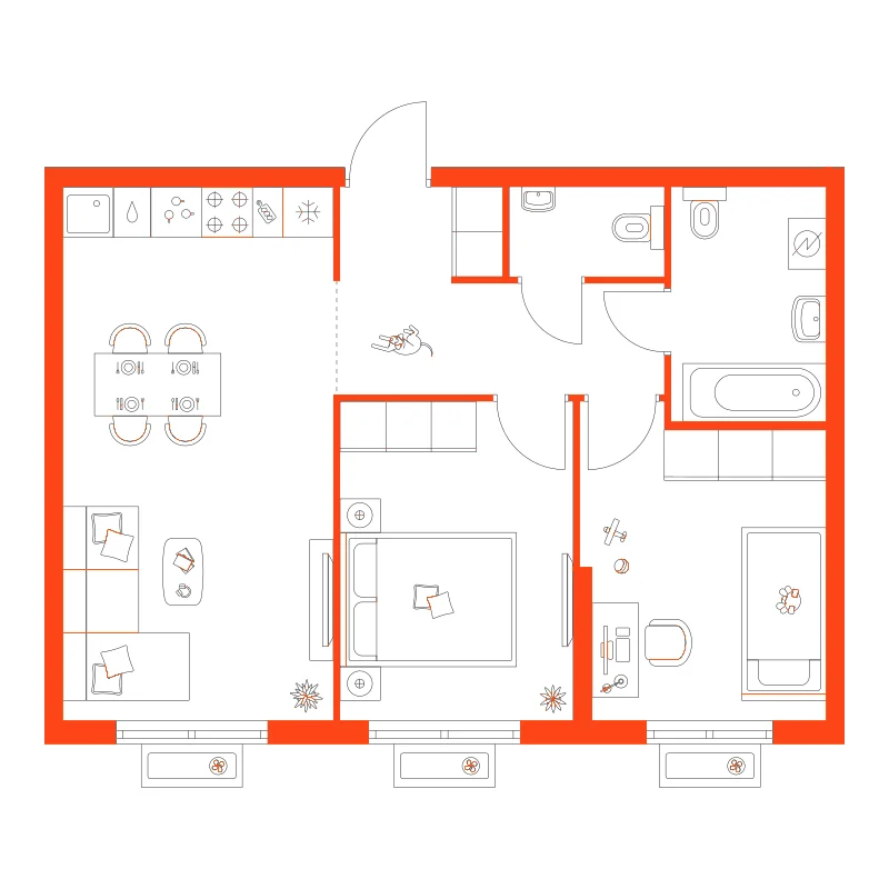 Планировка: 2-комнатная · 55,00 м²