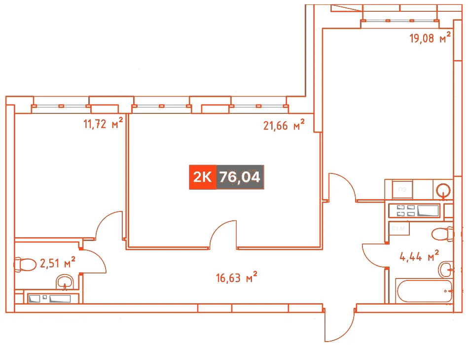 Планировка: 2-комнатная · 76,04 м²