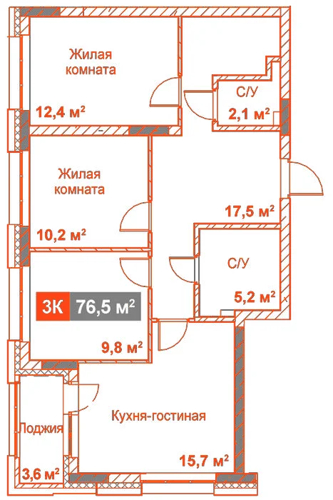 Планировка: 3-комнатная · 76,50 м²