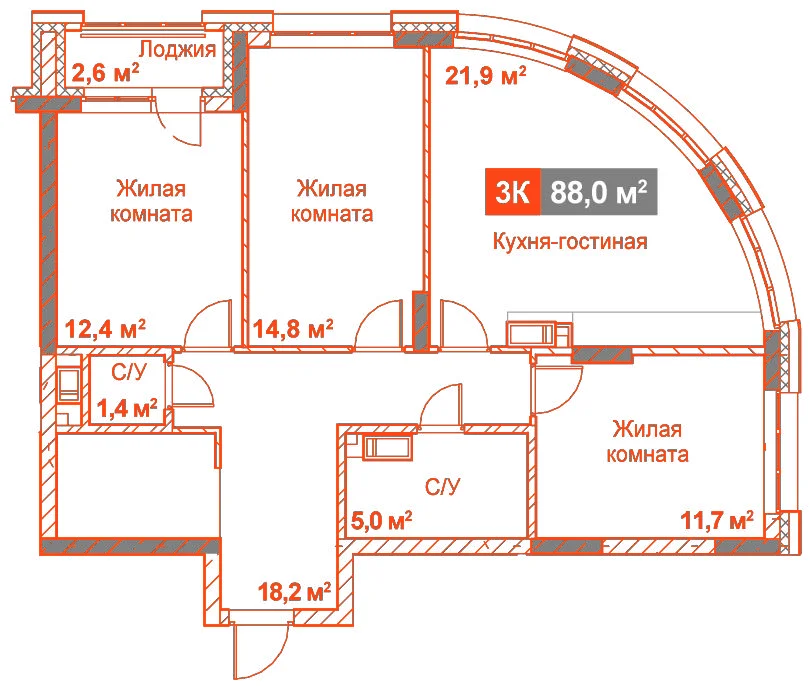 Планировка: 3-комнатная · 88,00 м²