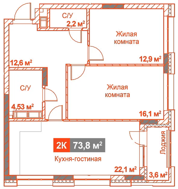 Планировка: 2-комнатная · 73,80 м²