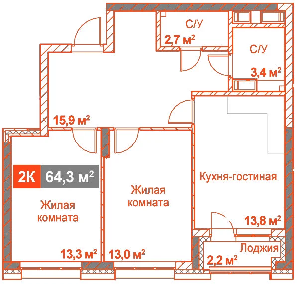 Планировка: 2-комнатная · 64,30 м²