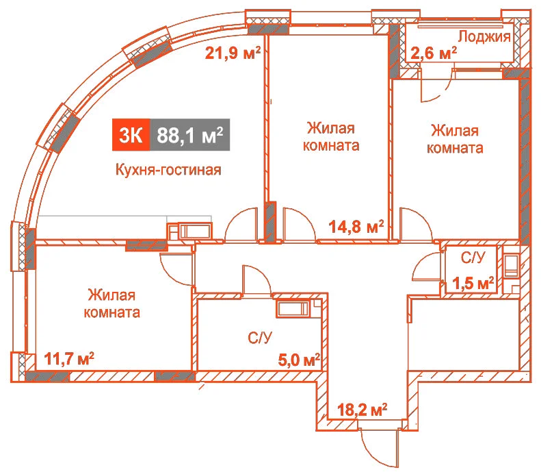 Планировка: 3-комнатная · 88,10 м²