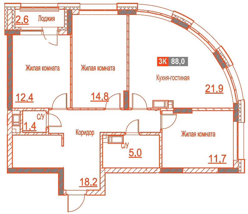 Планировка: 3-комнатная · 88,00 м²