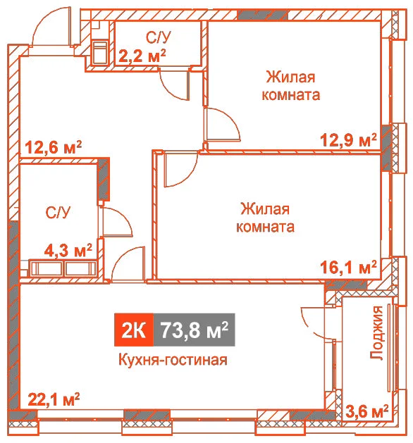 Планировка: 2-комнатная · 73,80 м²