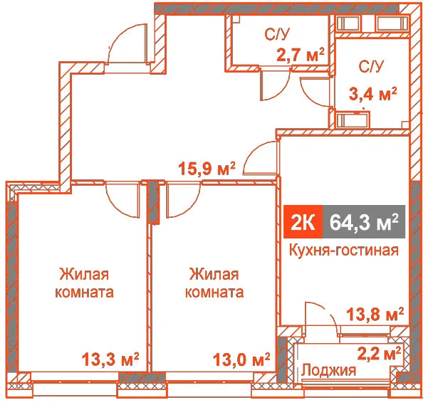 Планировка: 2-комнатная · 64,30 м²