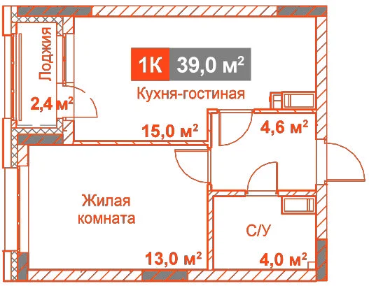 Планировка: Студия · 39,00 м²