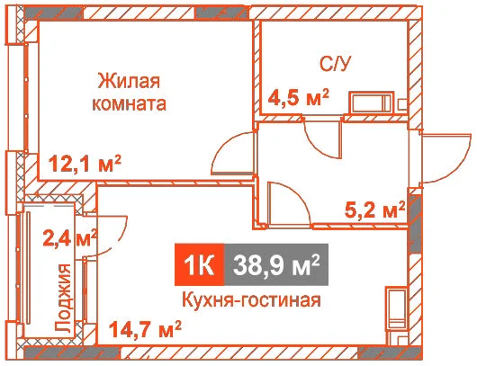 Планировка: Студия · 38,90 м²