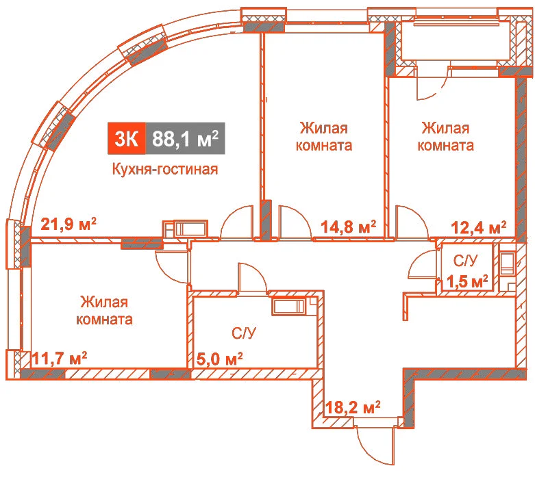 Планировка: 3-комнатная · 88,10 м²
