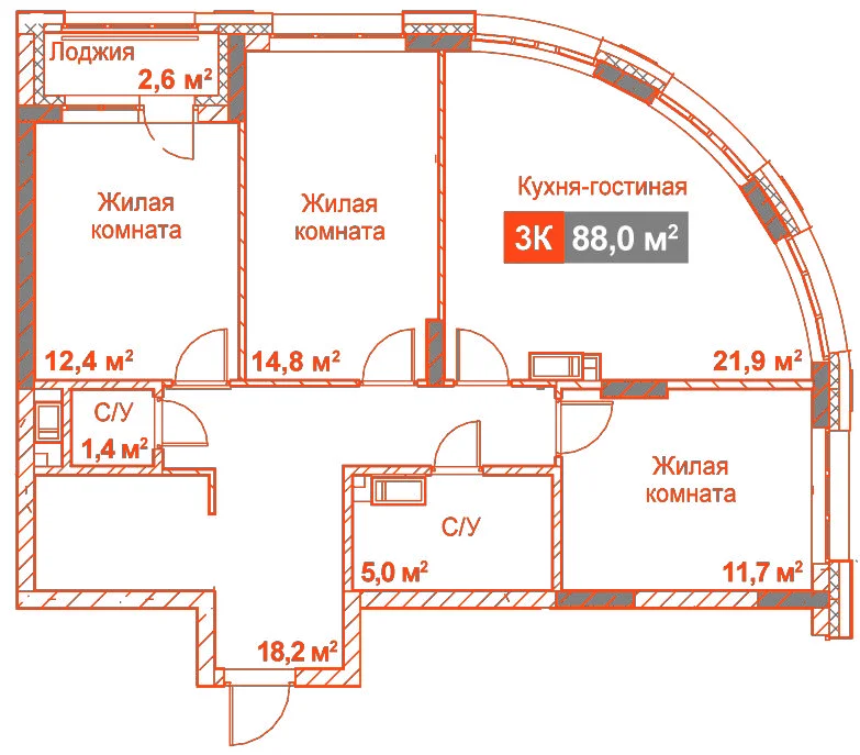 Планировка: 3-комнатная · 88,00 м²