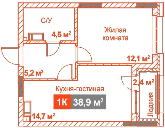 Планировка: Студия · 38,90 м²