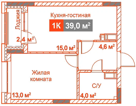 Планировка: Студия · 39,00 м²