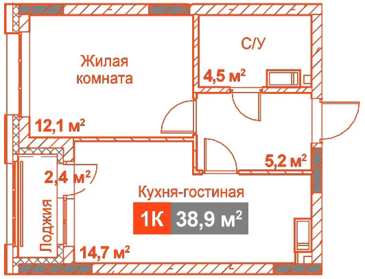 Планировка: Студия · 38,90 м²