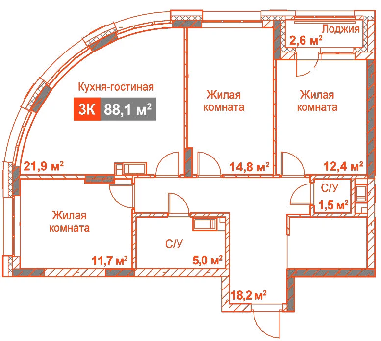 Планировка: 3-комнатная · 88,10 м²