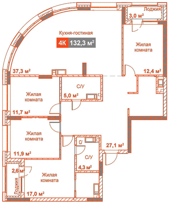 Планировка: 4-комнатная · 132,30 м²