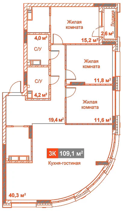 Планировка: 3-комнатная · 109,10 м²