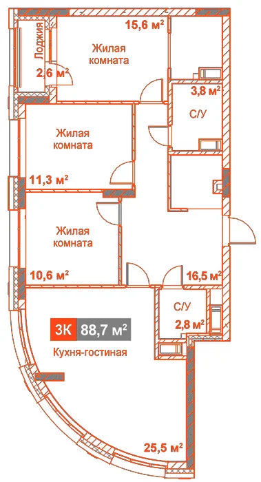 Планировка: 3-комнатная · 88,70 м²