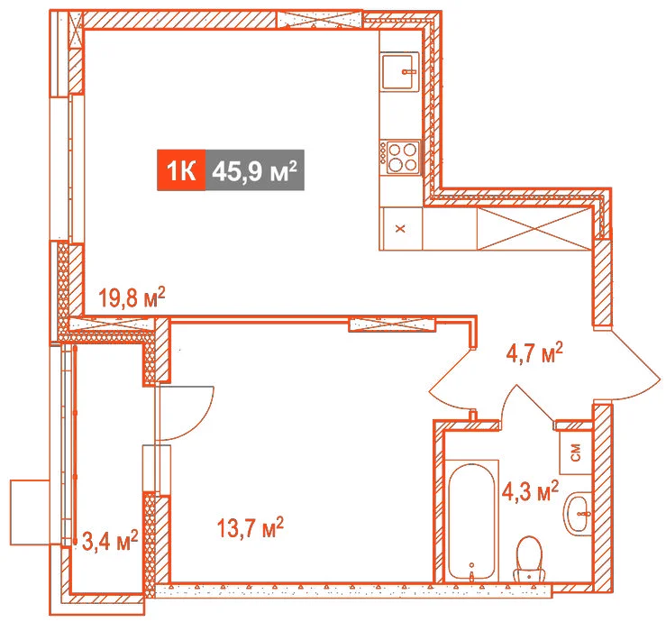 Планировка: Студия · 45,90 м²