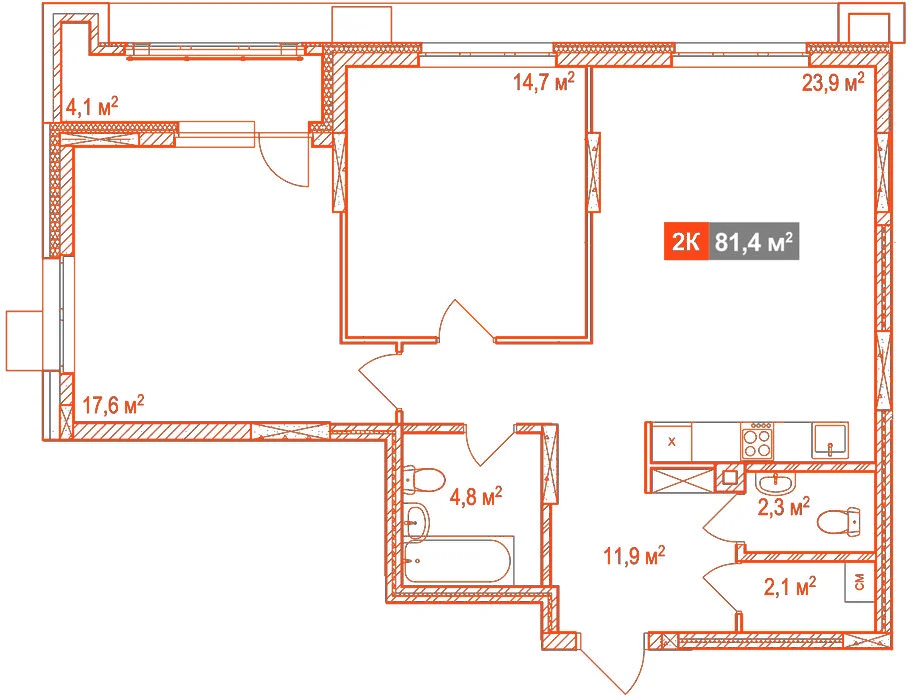Планировка: 2-комнатная · 81,40 м²
