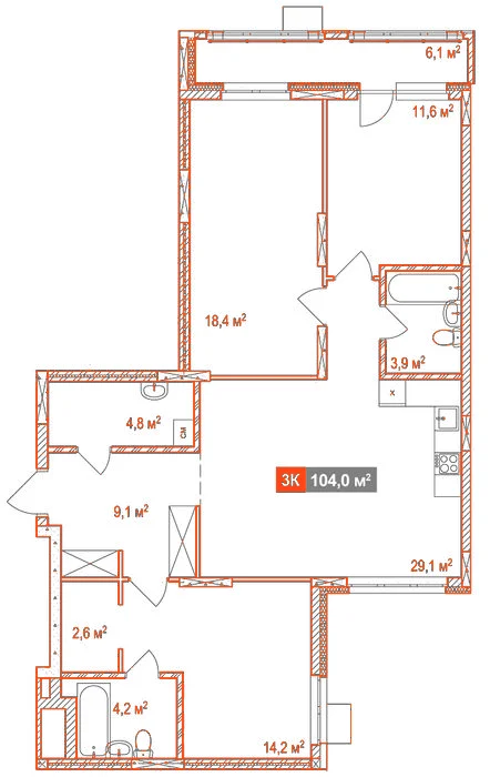 Планировка: 3-комнатная · 104,00 м²