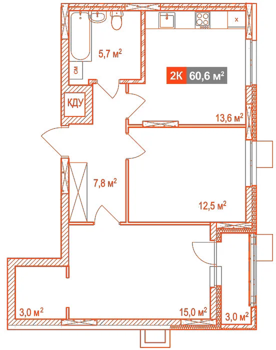 Планировка: 2-комнатная · 60,60 м²
