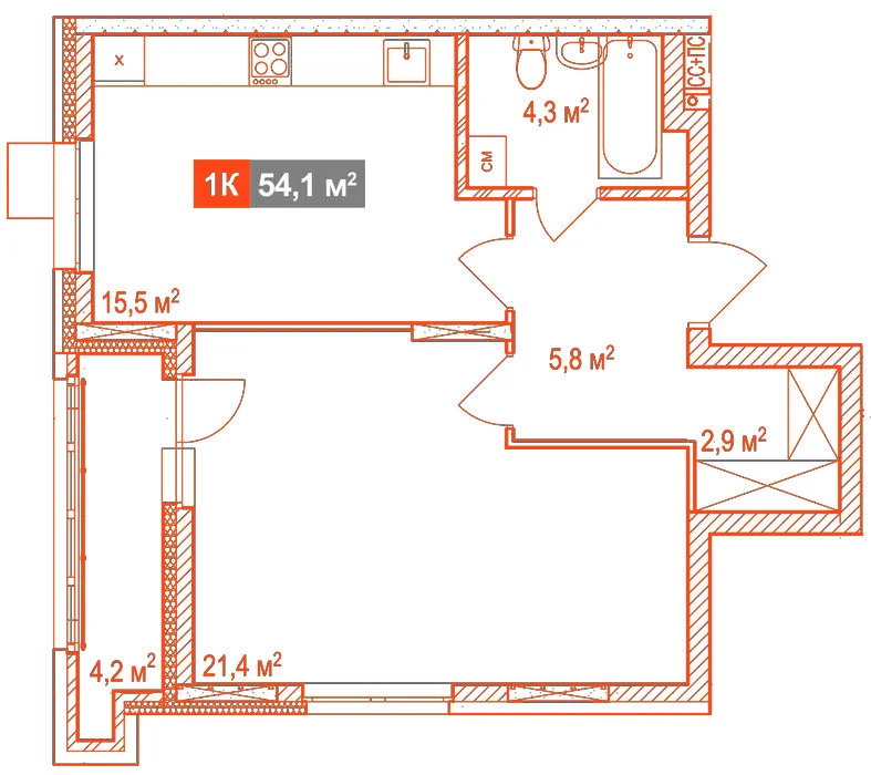 Планировка: 1-комнатная · 54,10 м²