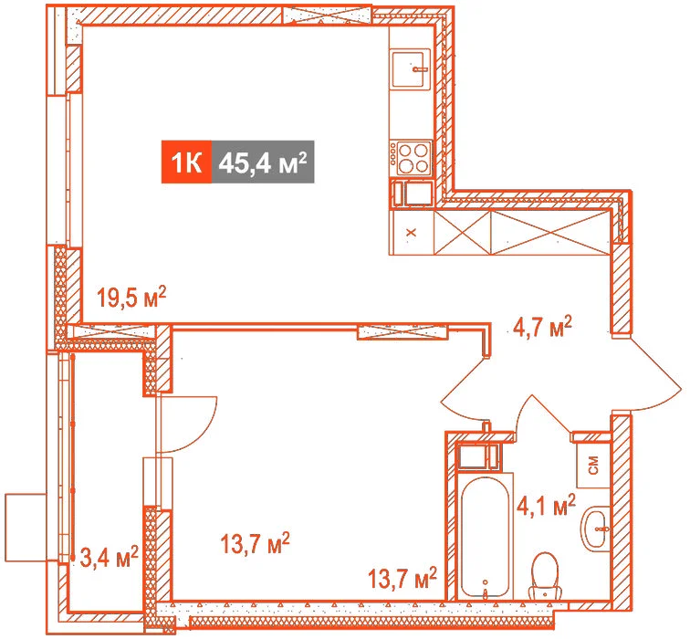 Планировка: Студия · 45,40 м²