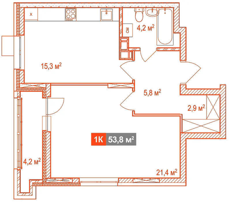 Планировка: 1-комнатная · 53,80 м²