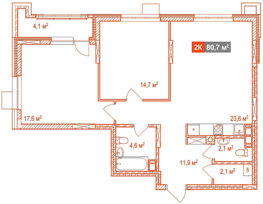 Планировка: 2-комнатная · 80,70 м²