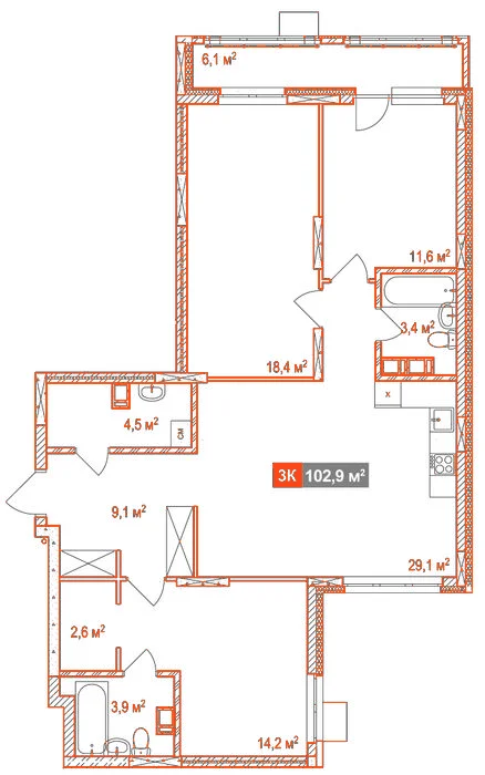 Планировка: 3-комнатная · 102,90 м²
