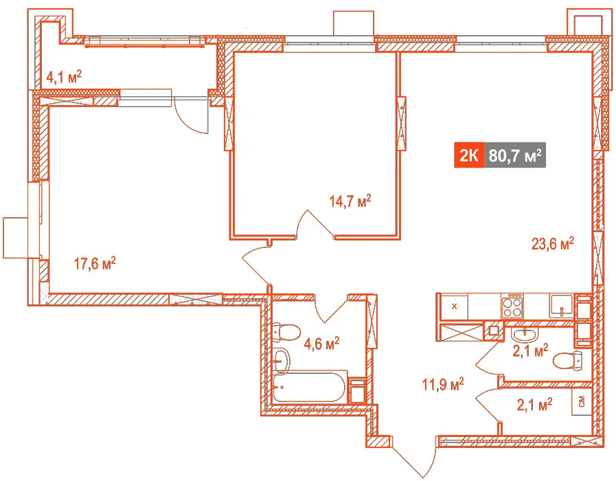 Планировка: 2-комнатная · 80,70 м²