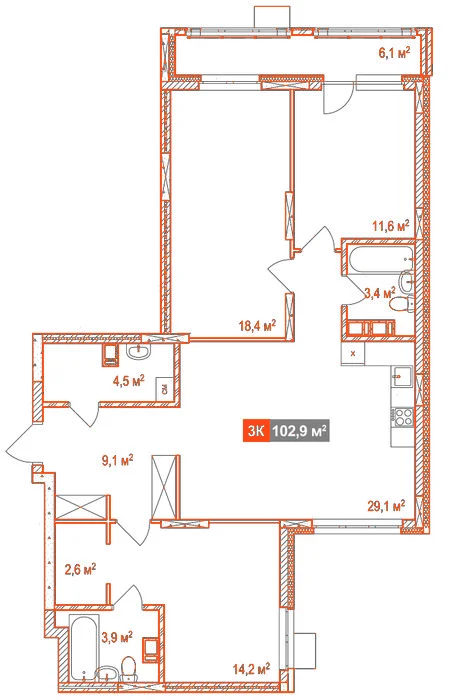 Планировка: 3-комнатная · 102,90 м²