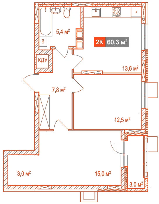 Планировка: 2-комнатная · 60,30 м²