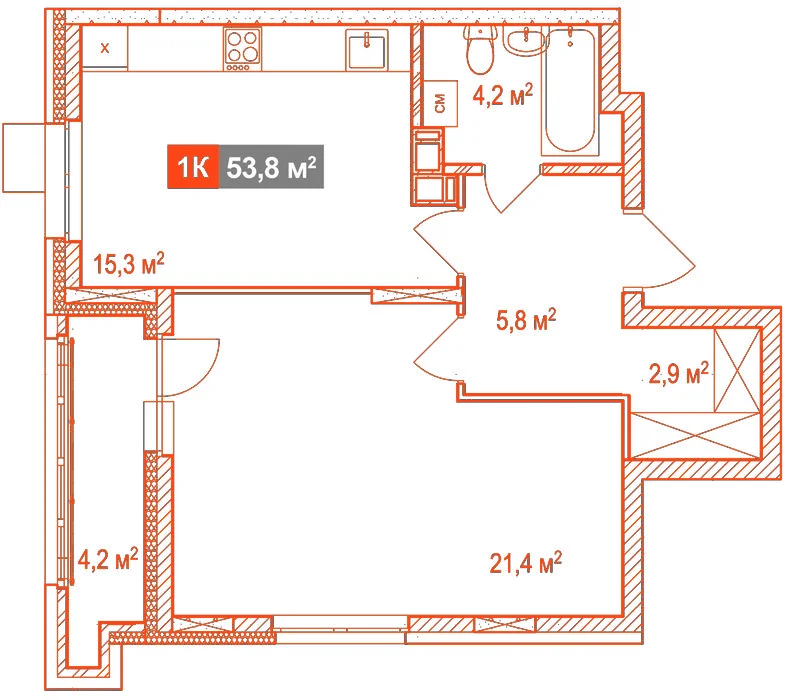 Планировка: 1-комнатная · 53,80 м²