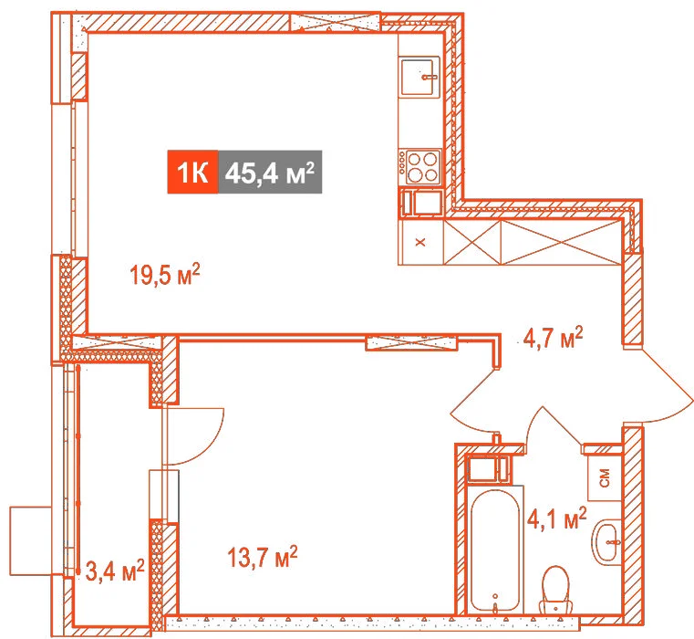 Планировка: Студия · 45,40 м²