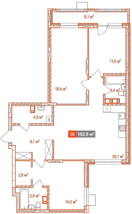 Планировка: 3-комнатная · 102,90 м²