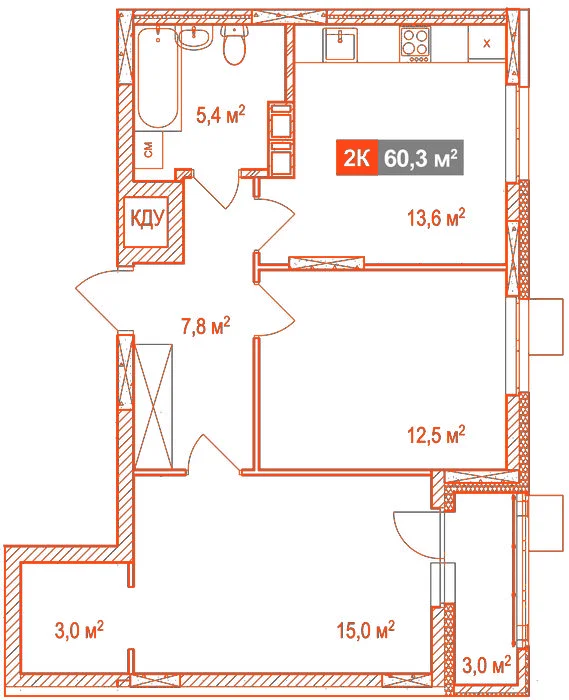 Планировка: 2-комнатная · 60,30 м²