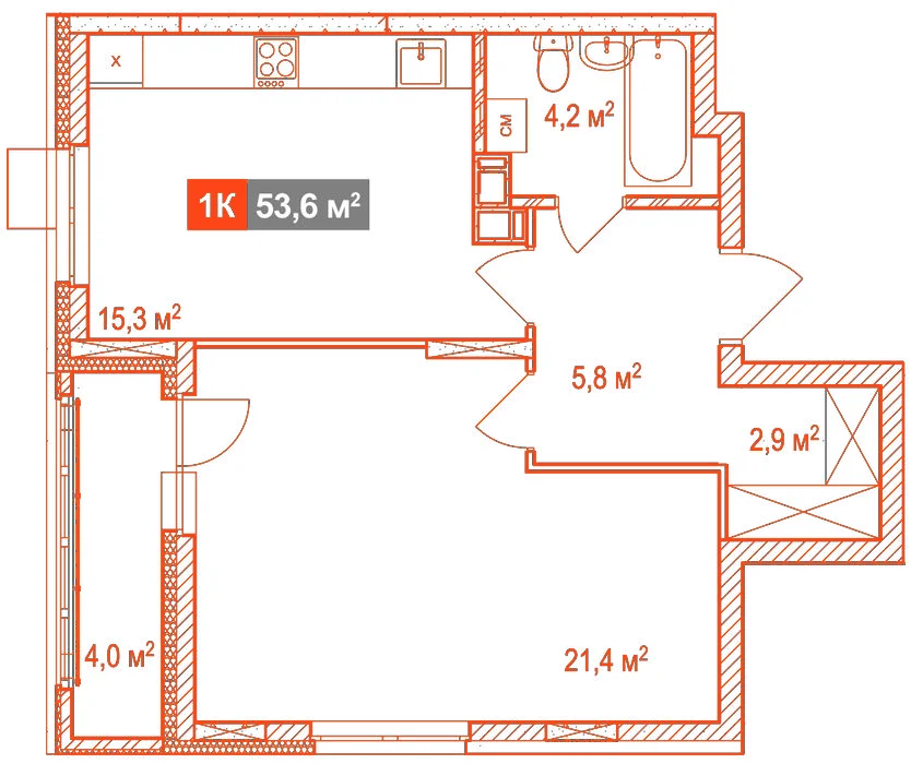 Планировка: 1-комнатная · 53,80 м²