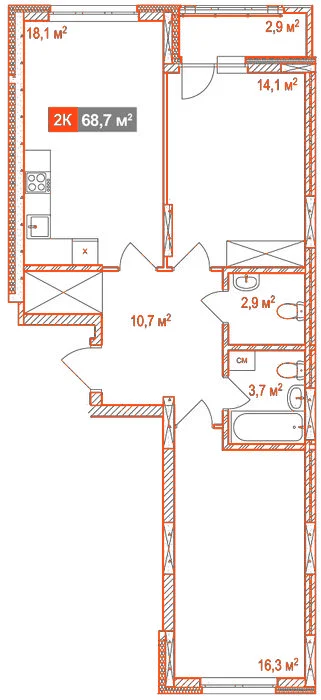 Планировка: 2-комнатная · 68,70 м²