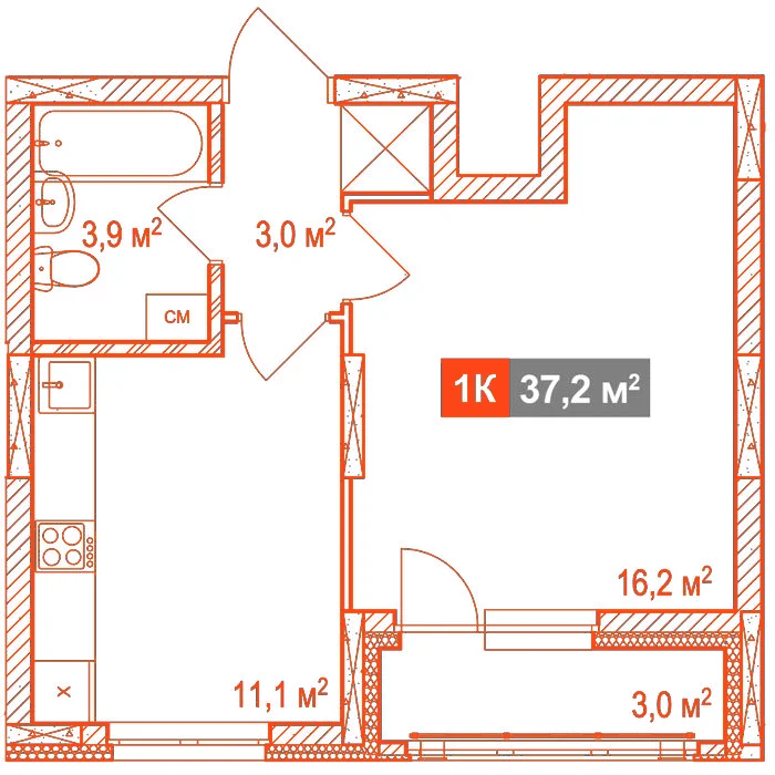 Планировка: 1-комнатная · 37,20 м²